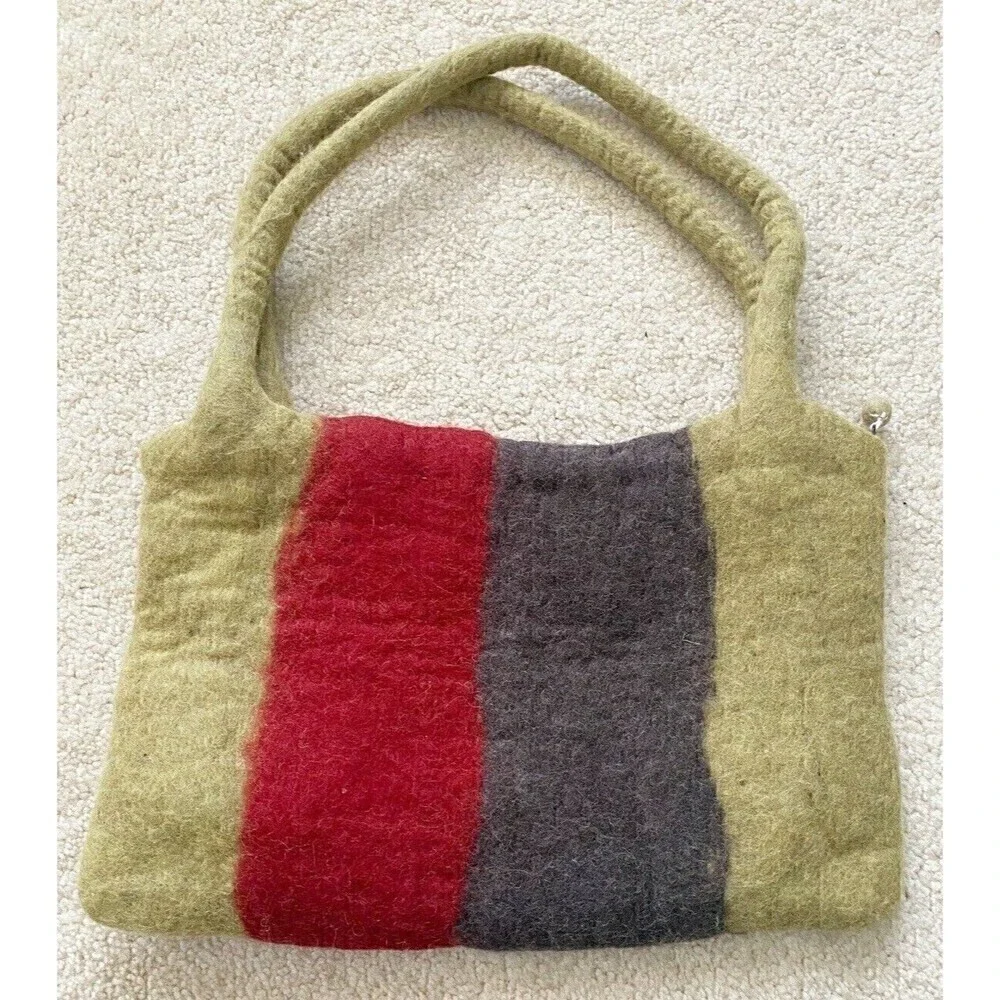 Nepal Woolen Felt Tote Handbag Green Grey Striped Lined Fall Winter Rising Tide